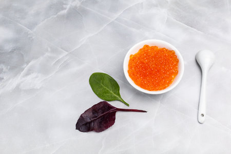 Raw seafood. Red salmon caviar in a white porcelain bowl with a spoon, leaves on the kitchen table. Top view.の写真素材