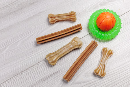 Dry food and playful toys for dogs. Artificial dog chew bone with vitamins, a ball and a rubber...
