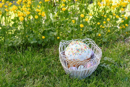 Sweet Easter cake and colorful Easter eggs in the wicker basket with green grass and yellow...