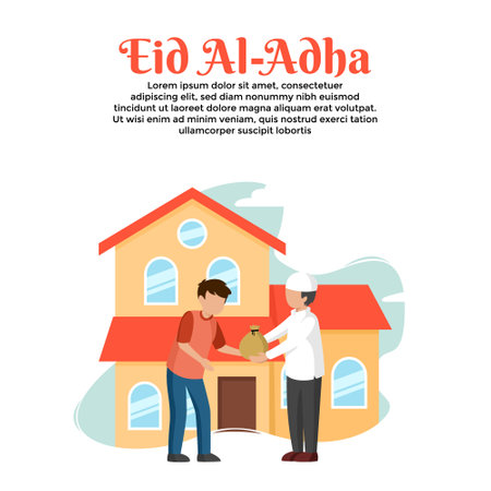 illustration vector graphic of cute people giving zakat,eid al adha mubarak celebration,islamic culture,Colorful vector illustration in flat cartoon style.のイラスト素材