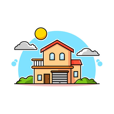 illustration icon graphic vector of house,abstract background with sun and cloud.Colorful vector illustration in flat cartoon style.のイラスト素材