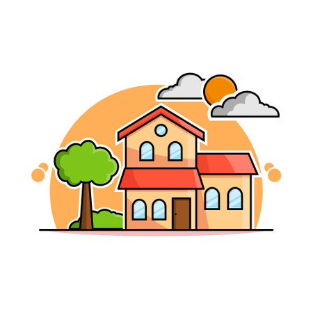 illustration icon graphic vector of house,abstract background with sun and cloud.Colorful vector illustration in flat cartoon style.のイラスト素材