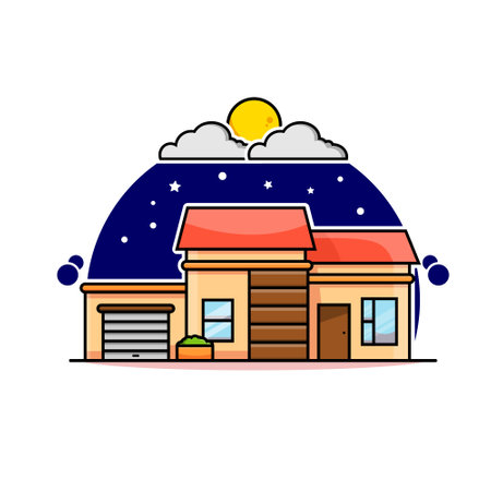 illustration icon graphic vector of house,abstract background with sun and cloud.Colorful vector illustration in flat cartoon style.のイラスト素材