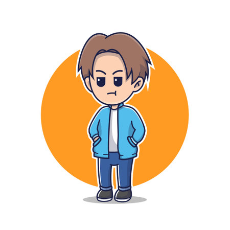 illustration vector of man with his unhappy face wearing blue jacket,vector various mood and feeling.people illustration.Colorful vector illustration in flat cartoon style.のイラスト素材