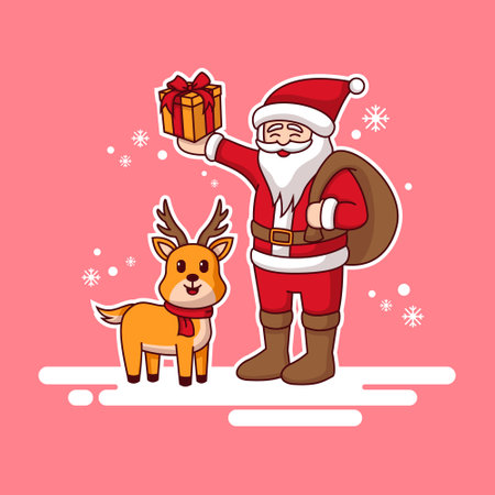 cartoon vector illustration of cute Santa mascot or character holding gift and the deerのイラスト素材