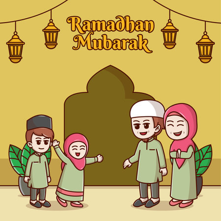 Happy Muslim Family celebrate Eid Mubarakのイラスト素材