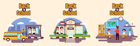Back to school set, student waiting bus in bus stop, students is going to school,students is studying in classroom with teacher, concept cute illustrationのイラスト素材