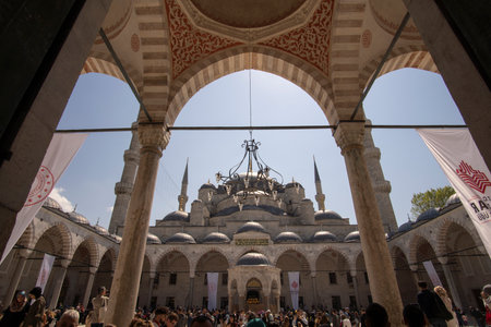 ISTANBUL, TURKEY. 22 April, 2023: People gather to visit inside of Sultanahmet Mosque (The Blue Mosque) following the completion of its restoration since 2018 in Istanbul.のeditorial素材