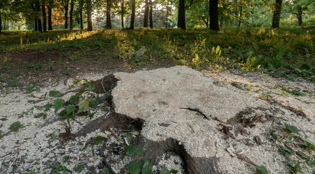 Recently sawn and cut into firewood pieces of wood lie in the forest