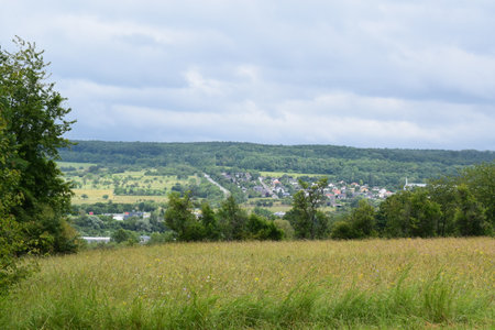 View from the hill to the small town Grossbliederstroff and Kleinblittersdorf in France and Germanyの写真素材