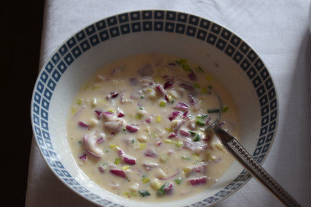 Close-up of a bowl of vegetable soup with radish, onion and mayonnaiseの写真素材