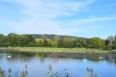 View of the Mer van Echternach in Luxembourg with the island.の写真素材