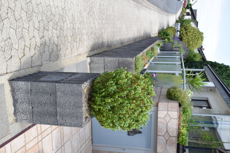 modern design of a terrace with plants and flowers on the wallの写真素材
