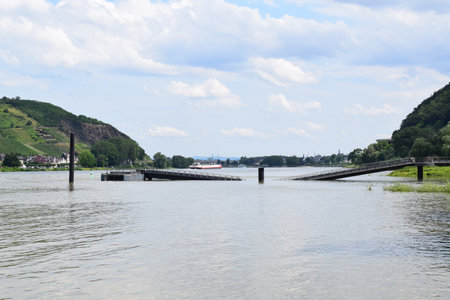 View of the river Rhine and the bridge over the river Rhineの写真素材