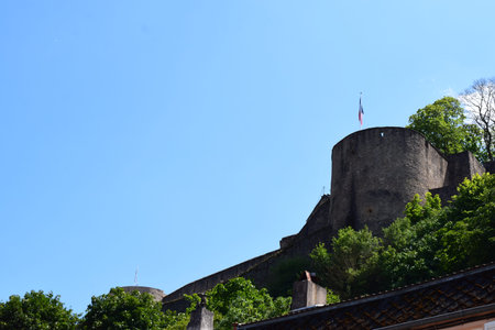 View of the medieval castle ChÃ¢teau des Ducs de Lorraine in Sierck les Bains, Franceのeditorial素材