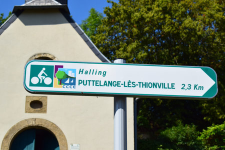 Bike route sign in Rodemack, Moselle Region,のeditorial素材