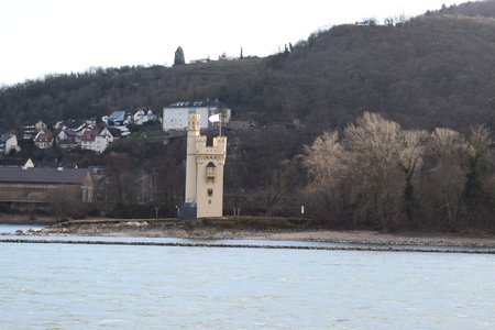 MÃ¤useturm on the Island to the river Rhine at Bingen, Germany.の写真素材