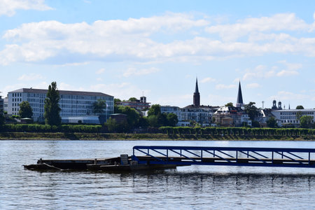 View of the city of Bonn at the Rhine, edge of old town with government buildings on the leftのeditorial素材