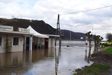 Flood in Brohl at the Rhine, huts under waterのeditorial素材