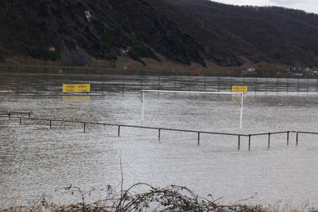 A flooded soccer field in Germanyのeditorial素材