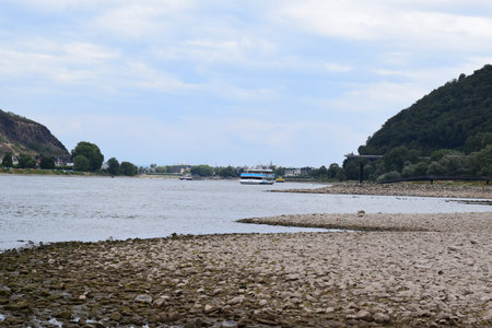 Beach of the Rhine river in Rhineland-Palatinate. Boat at Namedyer Werth, Andernach