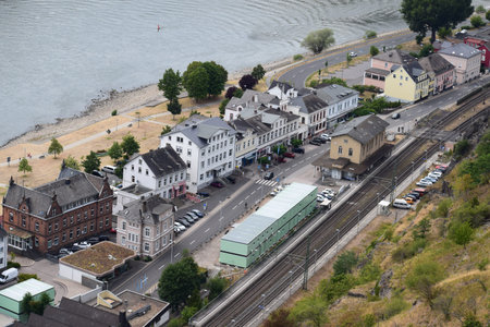 Aerial view of the old town of Sankt Goarshausen at the Loreley, station areaのeditorial素材