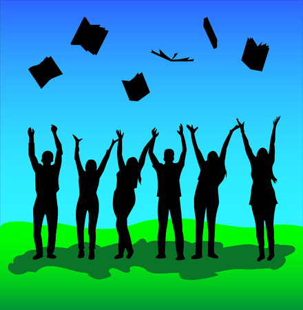 A group of young people threw up books after graduation and passing examinations, silhouette imageのイラスト素材