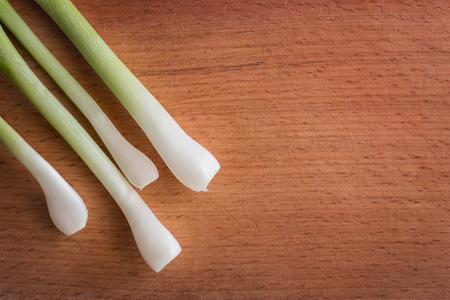Green onion on the kitchen board. Copy spase for textの写真素材