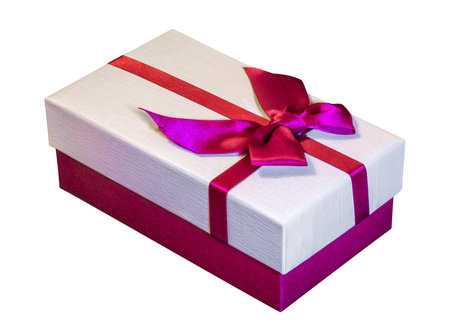 Box with bow for holiday gifts on a white isolated background. Christmas and New Year gifts
