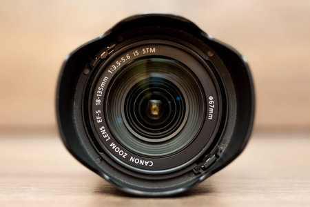 Khmelnitsky, Ukraine. February 2019. Camera lens Canon, put up for sale in a storefront