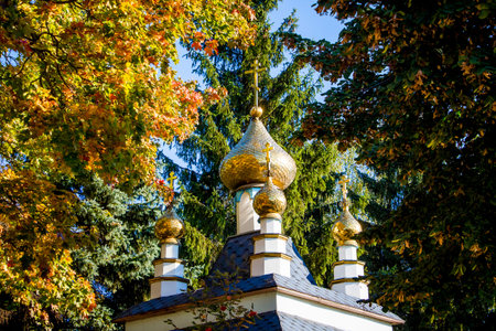 Domes of the Orthodox Church sparkle in the sun surrounded by autumn trees