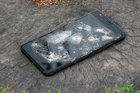 A broken phone with a bullet hole lies on the old stump