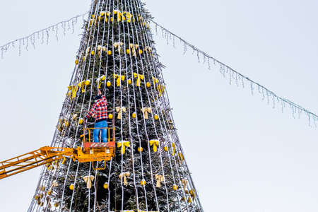 Mounting a Christmas tree on a city squareの写真素材