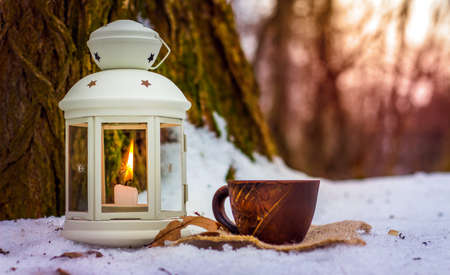 Cup of coffee in winter forest next to lantern with candle near old tree in the eveningの写真素材