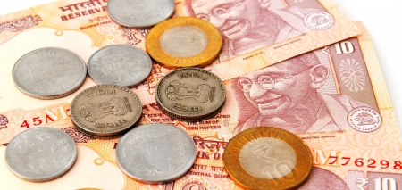 Indian currency notes and coinsの写真素材
