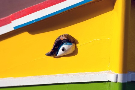 Close up of traditional Maltese colorful boat in Marsaxlokk villageの写真素材