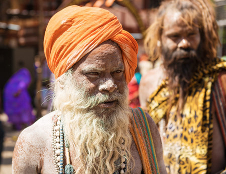 Ujjain, India- 21 April 2016: A Hindu naga sadhu (Naked holy men) rubbed with ashes during Kumbha Mela festival in Ujjain.のeditorial素材