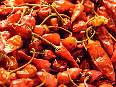 Dried chilli pepper at a spice market in India