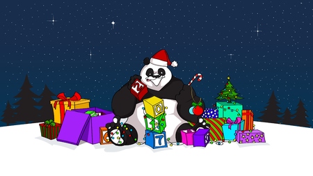 Hand drawn design of Panda as Santa with blocks, a lot of presents, new year's tree and many others decorations. Best for greeting cards, flyers, holiday posters, banners and wallpapers - stock vectorのイラスト素材