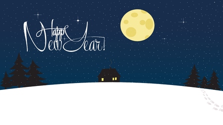 Happy New Year and Merry Christmas Snowy Wallpaper. Lonely house among wood with silhouette trees. Magical starry night with big bright round moon. Lettering, calligraphyのイラスト素材