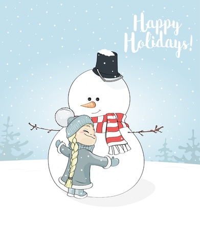 Little girl with long blond plait hugs snowman. Christmas postcard, greetings card or banner with lettering text 'Happy Holiday' - stock vector illustrationのイラスト素材