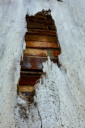 A close-up shot showing a weathered, rustic log wall. A rectangular hole reveals a glimpse of a brick wall behind it, creating a captivating contrast in textures and materials. The aged wood grain and the exposed brick create a sense of history and decay, while the composition draws the viewer's eye to the hidden detail. Shot during a photowalk in Obertauern, Salzburg, Austria in December 2025.の写真素材