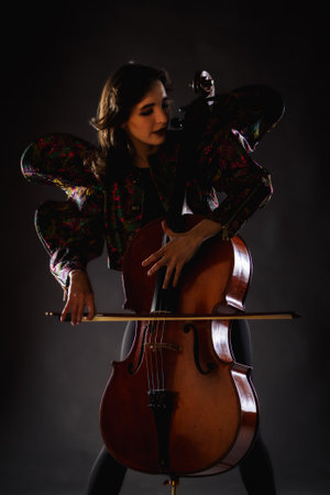 A captivating portrait of a cellist against a dark background. She is elegantly dressed in a floral patterned jacket and black pants, holding a cello and bow with grace and focus. The lighting highlights her features and the rich tones of the instrument, creating a dramatic and artistic composition. Perfect for representing music, art, culture, and talent.の写真素材