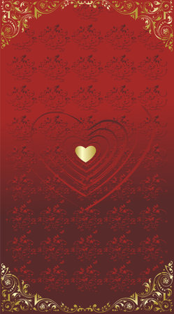 Red silhouettes of hearts with a heart of gold in the centre on the ornated backgroundのイラスト素材