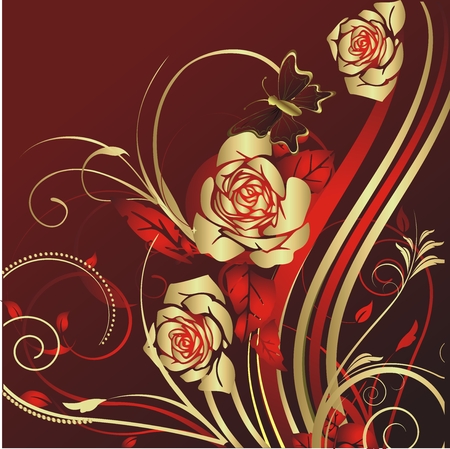 Gold roses on a red background with flying around the butterflyのイラスト素材