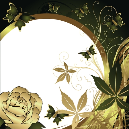 Butterflies flying against the stylised sun and a rose with space for the textのイラスト素材
