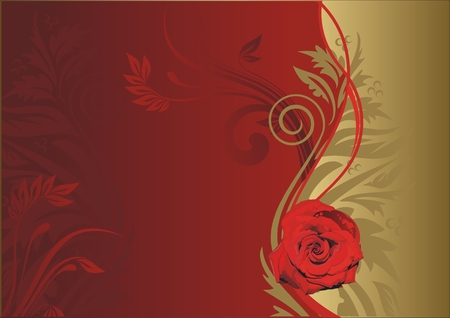 Red rose on a gold and red background with a vegetative ornamentのイラスト素材