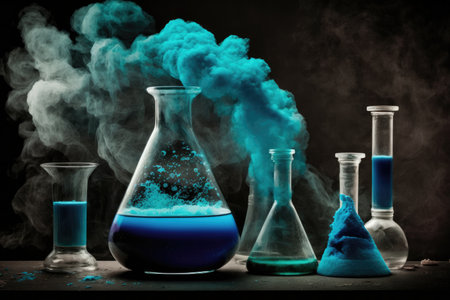 Chemistry set with blue smoke emitting out. Science experiment in school.の素材