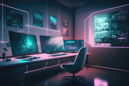 Interior of a modern futuristic office, with floating screens and holograms. Generative AIの素材