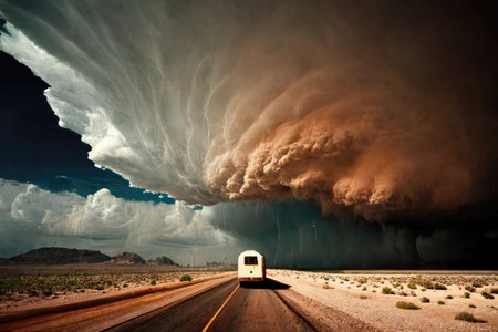 Incredible storm clouds, with a vehicle driving into it. Storm chasers, crazy weather due to global warming. Generative AIの素材